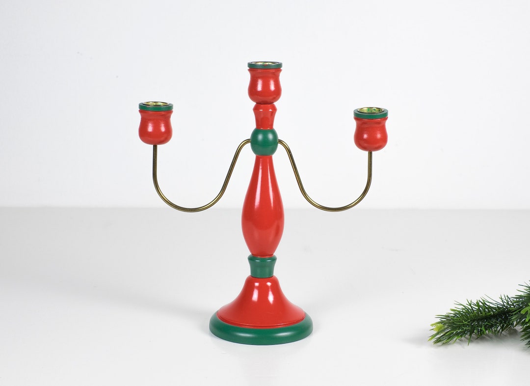 Vintage Swedish Christmas Candle Holder Hand Painted Glossy Candy Red