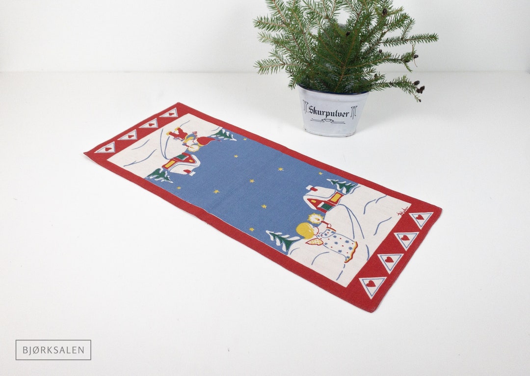 Vintage Mid Century Modern Christmas Table Runner Handprinted Etsy