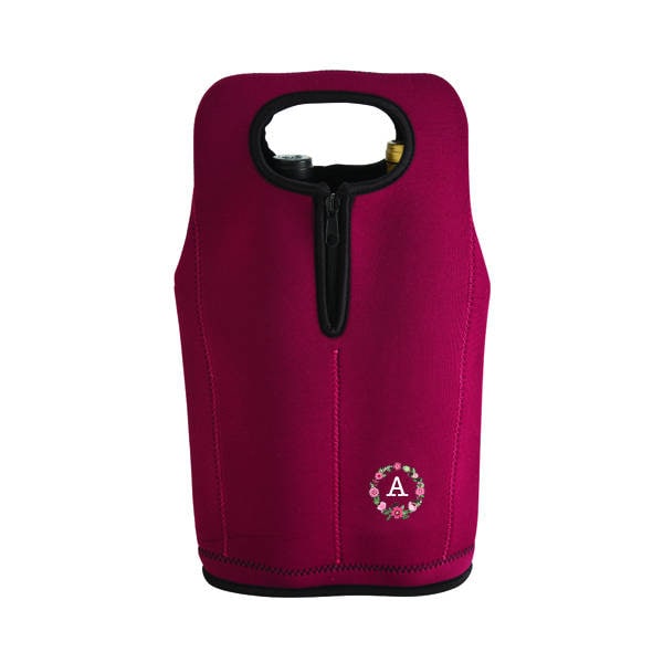 Custom Insulated Neoprene Dual Wine Bottle Carrier Bag for Man or Woman (Burgundy Red) - Can Come w/ Monogram and Wreath or Without