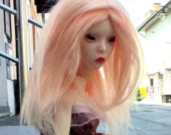 Popovy sister doll wig, blond coral viscose hair for 1:4 bjd doll. Soft and realistic haircut, midi long