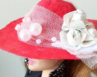 Miniature doll hat 1:6 scale, elegant red paper-mache bonnet for fashion BJD doll