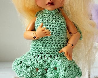 Lati Yellow doll dress, green white crochet 1:8 scale BJD doll outfit braces dress layered skirt spider web Pukifee tiny Luts clothes summer
