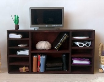 Mesa de TV en miniatura de caoba, consola para casa de muñecas, escala 1/6