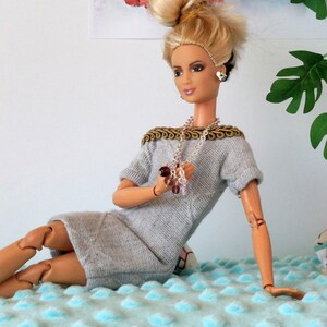 Barb doll dress, elegant gray outfit with jewelry and earrings. 12-inch BJD doll clothes rhombus ooak Lenasminiland suit wardrobe clothing