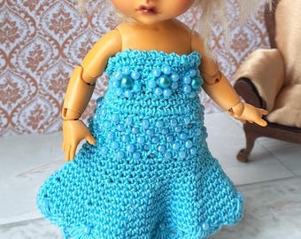 Lati Yellow blue dress, crochet beaded outfit for 1:8 scale BJD doll clothes Pukifee