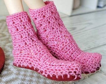 Miniature Crochet Ankle Boots: Leather Sole BJD Doll Shoes