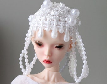 Popovy sister doll elegant hat, lace beads white head cover. Evening accessories BJD doll beanie bonnet wig cap hijab turban miniature