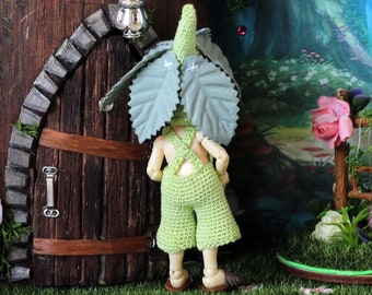 Realpuki fairy costume 1:12 scale BJD doll gnome dwarf outfit overalls hat shoes leafs forest green crochet fantasy clothes collectible