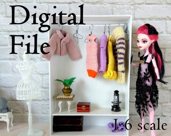 Dollhouse wardrobe 1:6 scale digital file download. Miniature furniture DIY printable laser cut 12-inch BJD doll Clothes storage make myself