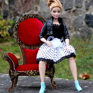 Miniature Victorian chair brown gold wood upholstered with red velvet dollhouse furniture 1:6 scale, carved decorated luxury armchair BJD