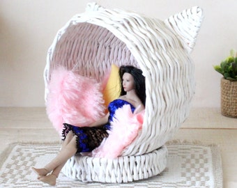Dollhouse miniature wicker chair cat head furniture 1:12 scale pet bed white paper bed