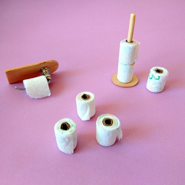 Miniature dollhouse toilet paper rolls set with stand or holder. 1/6 scale Barb BJD dolls bathroom Quarantine 1:4 tissue towel accessories