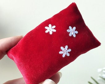 Miniature Christmas Pillow, Red Velvet Snowflakes, Dollhouse Decor 1:6