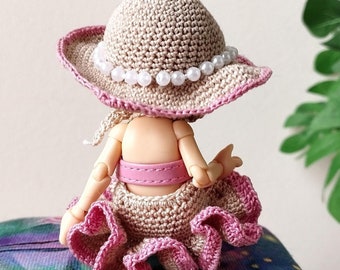 Miniature Realpuki crochet dress with hat, Lati white BJD dolls skirt clothes outfit 1:12 scale dollhouse