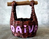 Personalized wicker basket, rustic kitchen bowl for fruit vegetables. Handmade brown storage box with handle, rattan decoration name letters