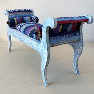 Miniature backless sofa 1:6 scale dollhouse furniture blue couch