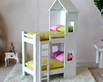 Miniature bunk bed 1/12 scale dollhouse furniture. White wooden twin bed house for Realpuki Pukipuki Irealdoll BJD ladder roof diorama room