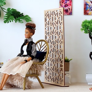 Dressing screen, miniature room divider, dollhouse wall stand decor, wallpaper, carving doll room box partition wooden bedroom paravent