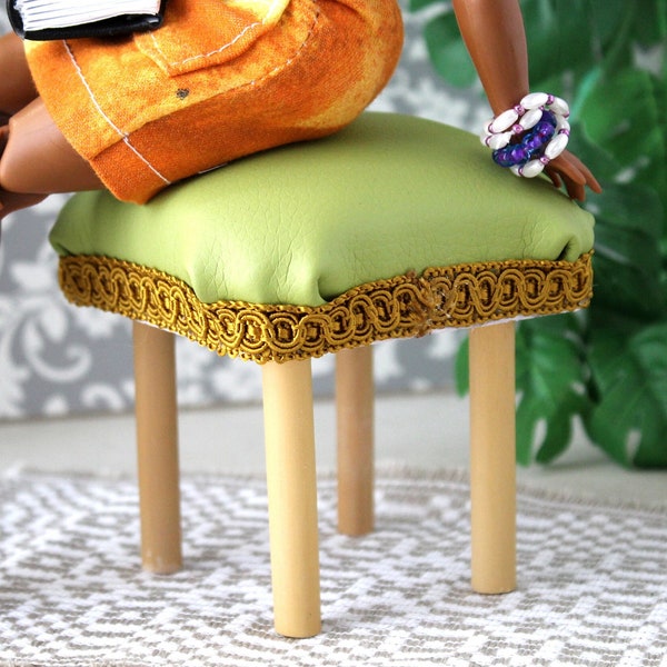 Miniature stool, green leather bamboo legs dollhouse tabouret chair with gold lace. 1:6 scale BJD doll footstool ottoman mid century pouf