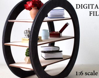 Archivo digital de estantería circular en miniatura, mueble para casa de muñecas a escala 1:6