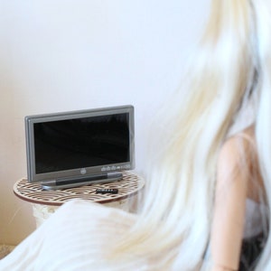 Miniature television, dollhouse TV with remote control dvd replica for 12-inch dolls. Tiny contemporary flat screen plasma TV Barb Blyth