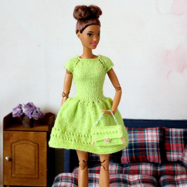 Barb doll dress green color. Elegant knitted striped tunic regular body 12-inch doll. Open shoulders outfit clothes BJD cocktail wardrobe