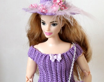 Doll dress with hat and purse, stylish Barb outfit violet colour. Knitted clothes bag beanie with flowers 12-inch regular curvy BJD doll