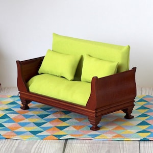 Miniature dollhouse couch, 1:8 scale sofa for Lati Yellow, 1/12 bed for Lati White. Wooden diorama furniture, tiny BJD Pukifee Heidi davis
