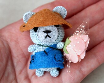 Blue crochet micro teddy bear, cute amigurumi Japanese hat and dress clothes dress up doll animal BJD doll toy Barb Blyth knitted diorama