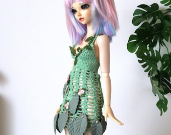 Minifee dryad dress, 1:4 scale doll outfit, crochet green fairy costume with leaf. BJD doll clothes forest dwarf elf queen woodland spirit