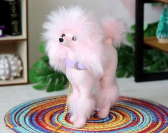 Miniature poodle dog, realistic BJD doll animal replica 1:6 scale. Pink hairy doll companion with collar and leash collectible accessories