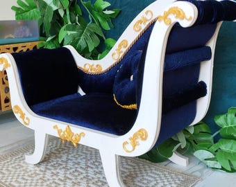 Miniature one-sided chair, luxury white navy dollhouse furniture seat 1:6 scale diorama room box
