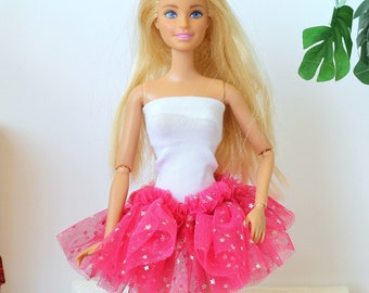 Barb doll outfit ballerina dress tu tu skirt, white pink clothes 12-inch regular body BJD doll fashion trendy apparel volume sparkle dress