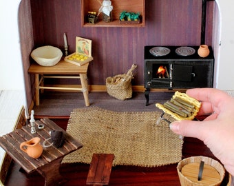 Travel dollhouse suitcase furniture rustic retro room. 1:12 scale table wash bowl wood burning cook stove tub flask candle rare old school