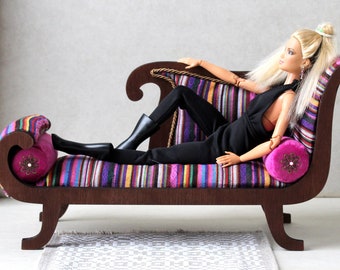 Miniature one-side sofa vintage dollhouse furniture 1:6 scale upholstered baroque chaise longue couch divan