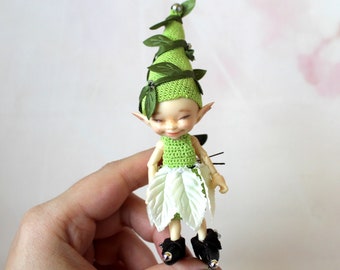 RealPuki doll outfit fairy gnome: overalls hat shoes and skirt with leaves. Fantasy fairie clothes for 10 cm size BJD dolls dress 3.5 inch