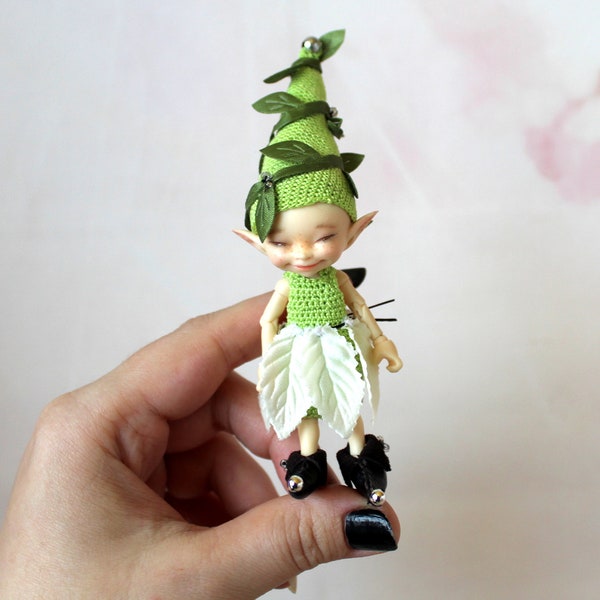 RealPuki doll outfit fairy gnome: overalls hat shoes and skirt with leaves. Fantasy fairie clothes for 10 cm size BJD dolls dress 3.5 inch