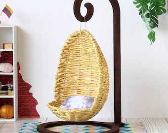Miniature wicker hanging chair with wood stand 1:6 scale dollhouse furniture. Egg swing boho style straw color diorama BJD doll room box