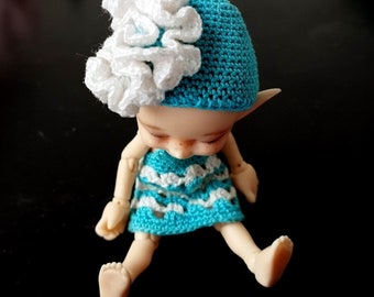 Realpuki doll outfit set miniature dress + hat blue bonnet BJD doll 1:12 scale crochet clothes Lati White