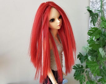 Peluca roja Minifee con mechones blancos, larga y recta, escala 1:4, muñeca BJD, cabello sintético de 7 pulgadas de largo para cabeza de 16,5 cm, puntas de 6,5 pulgadas, corte de pelo lindo