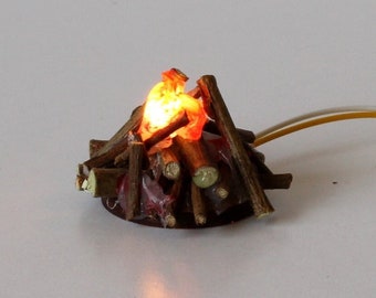 Miniatur Feuer LED-Lichterkette Puppenhaus 1:12. Lagerfeuer mit Holz für Kochherd Handgemacht ein/aus Knopf realistisch prop DIY Lagerfeuer