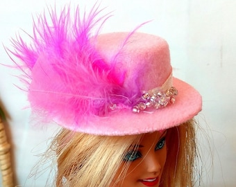 Miniature Doll Bowler Hat, Feather Flowers, Lace Accessories