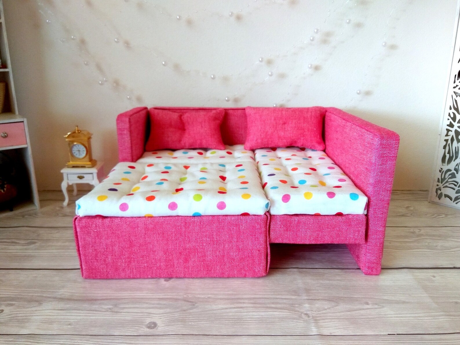 Miniatur-Bett 2 in 1 Puppenhaus Möbel. Rosa gepunktete Farbe | Etsy