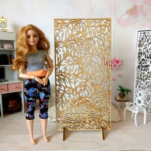 Miniature dressing screen, Monstera room divider furniture for dollhouse bedroom. 1:6 scale doll plywood folding small wall partition laser