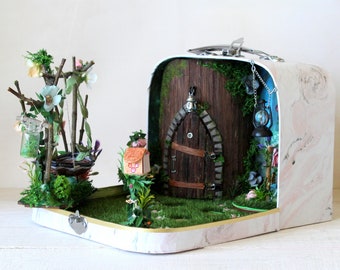 Fairy room in the suitcase. Miniature woodland dollhouse forest diorama 1:12 scale. Tiny magical door swing mailbox flowers Realpuki roombox