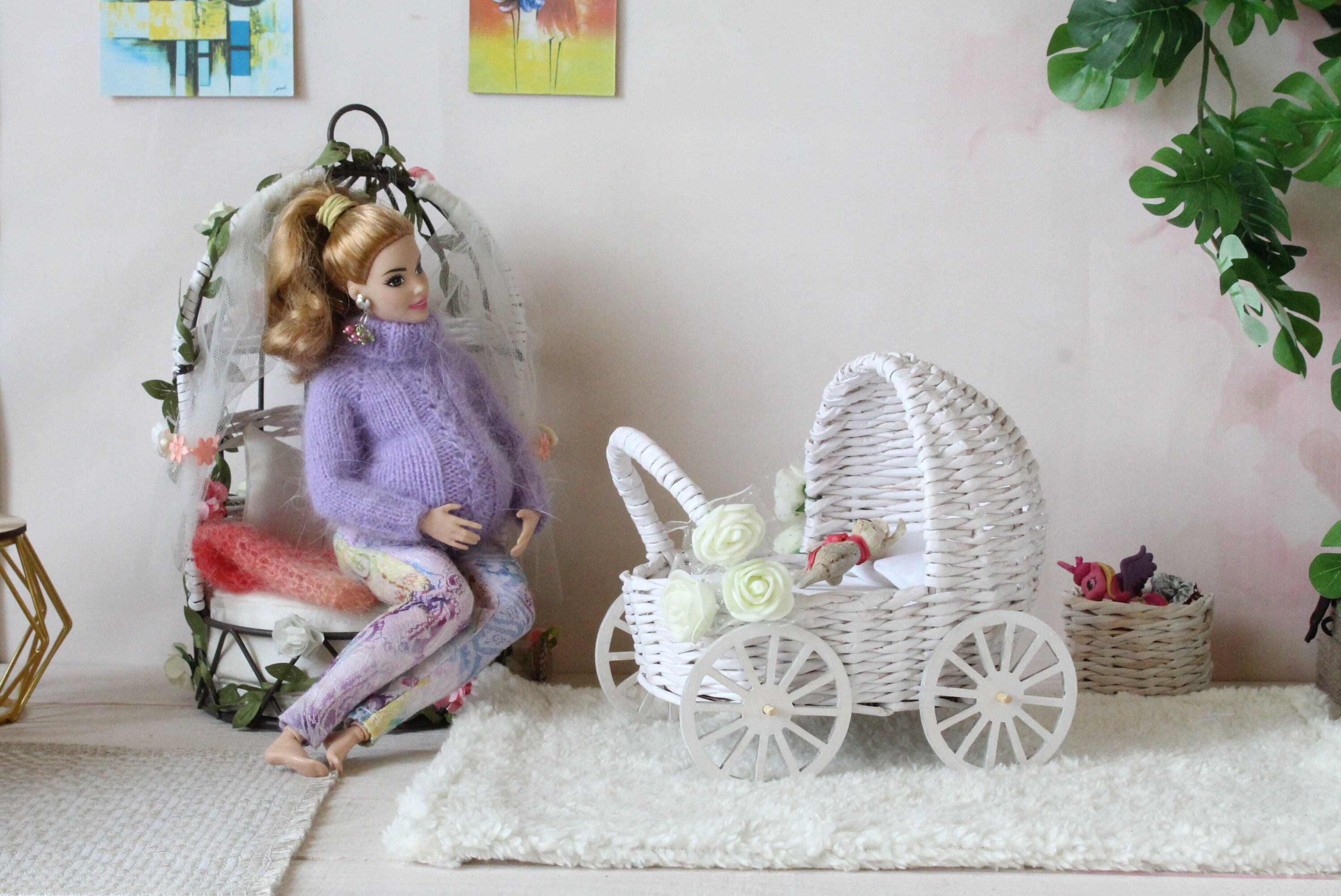 Chariot en bois pour maison de poupée - Accessoire de ferme rustique miniature