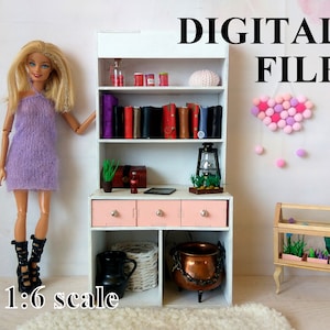 Dollhouse kitchen cabinet vector file, download 1/6 scale miniature furniture bookcase laser cut. Digital CDR dxf svg DIY construction set