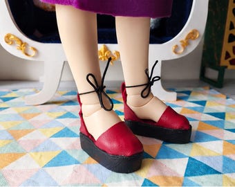 Minifee doll red leather sandals with black platform soles, flat feet shoes 1.8 inch
