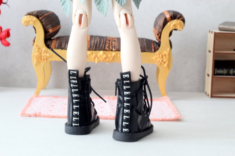 1:3 scale doll shoes, black leather goth steels for Dollfie Dream Feeple BJD dolls 2.5 inches feet size metal punk style high smart msd zdjęcie 9