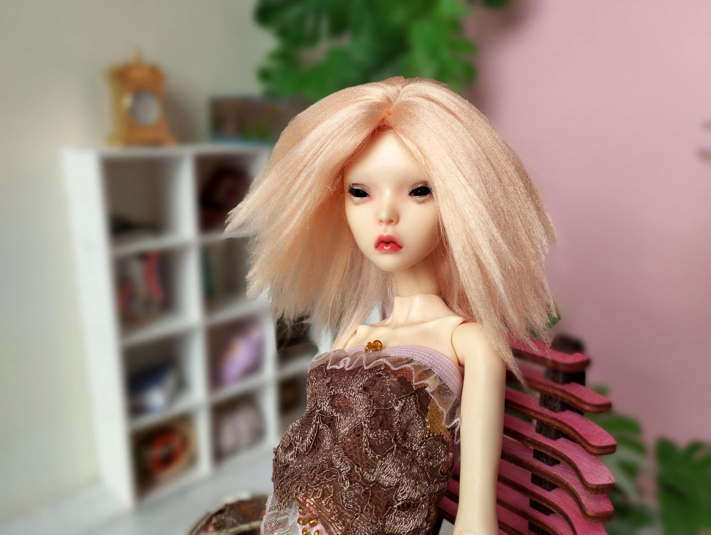 Perruque Longue Bouclée Fauve Pour Poupée BJD (tête 9-10cm) - 1/4 1/6 - Faite Main - Neuf